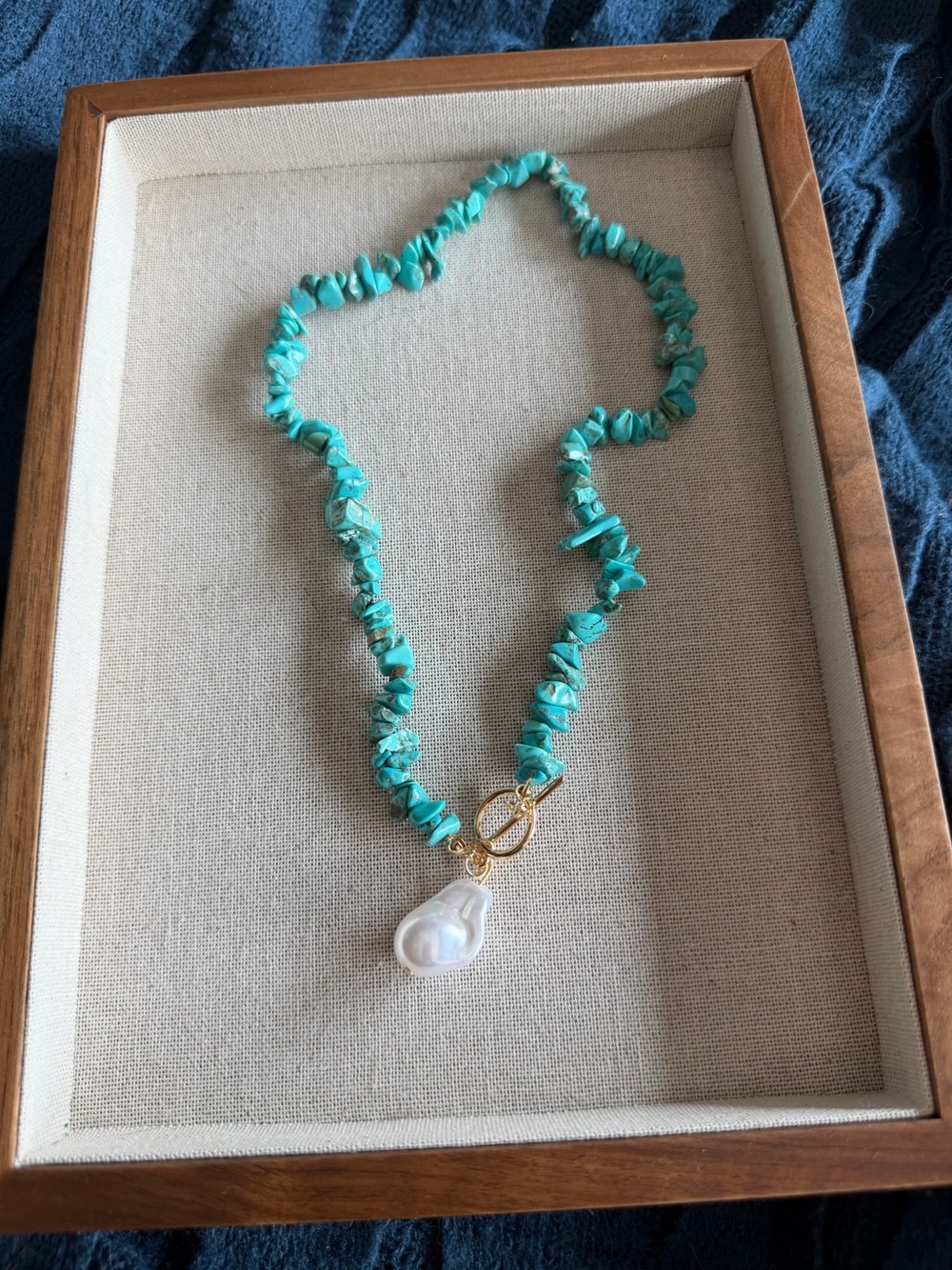 Turquoise Chip Necklace with Baroque Pearl Accent